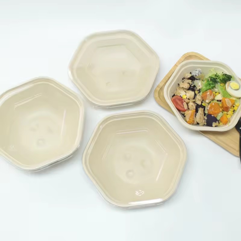 Compostable Bagasse Hexagonal Bowls with Lids 1000ml 1300ml 1600ml