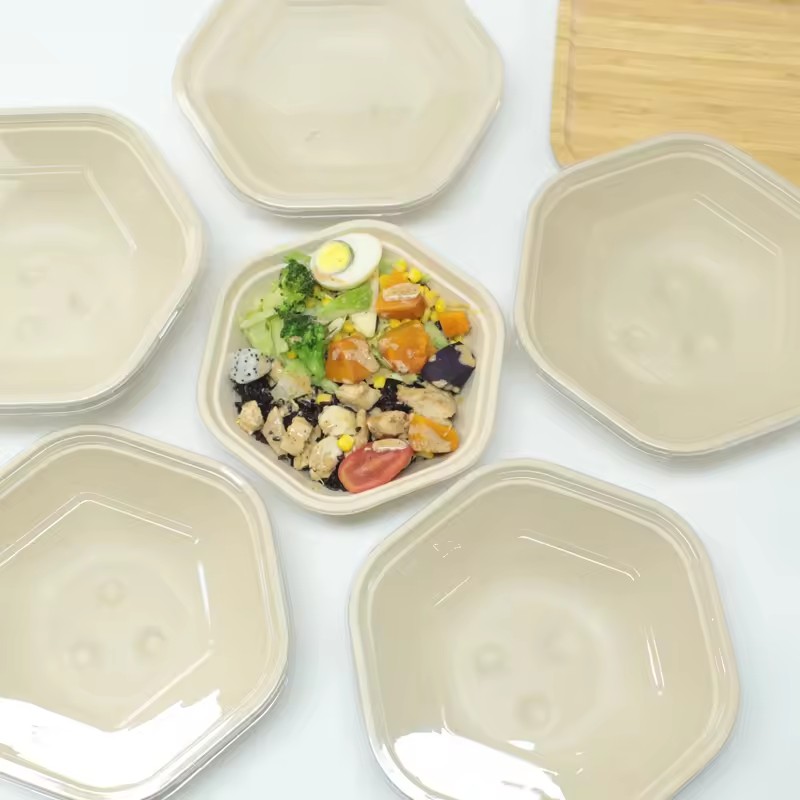 Compostable Bagasse Hexagonal Bowls with Lids 1000ml 1300ml 1600ml