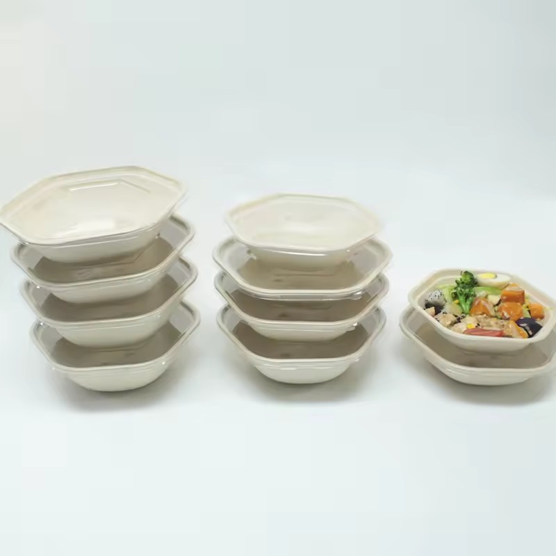 Compostable Bagasse Hexagonal Bowls with Lids 1000ml 1300ml 1600ml