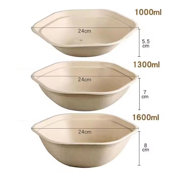 Compostable Bagasse Hexagonal Bowls with Lids 1000ml 1300ml 1600ml