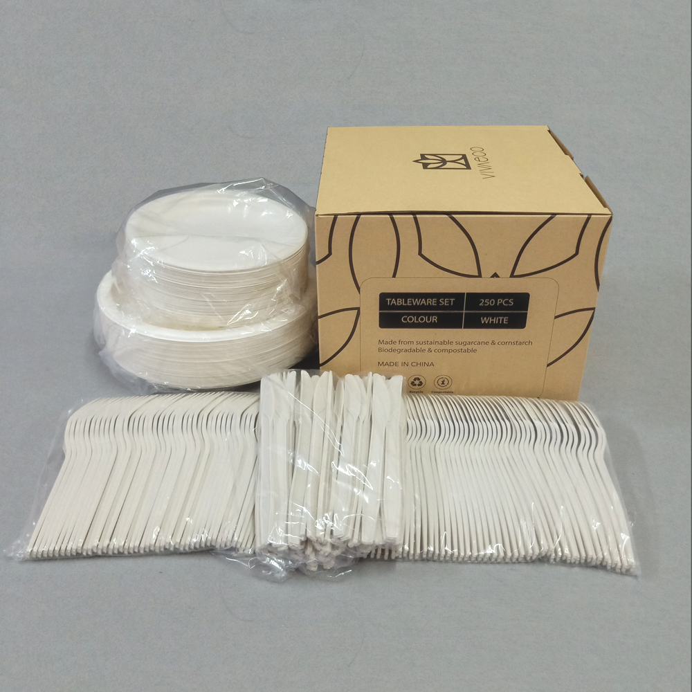 Customized Pack of Compostable Cutlery Biodegradable Plates and Cutlery Set